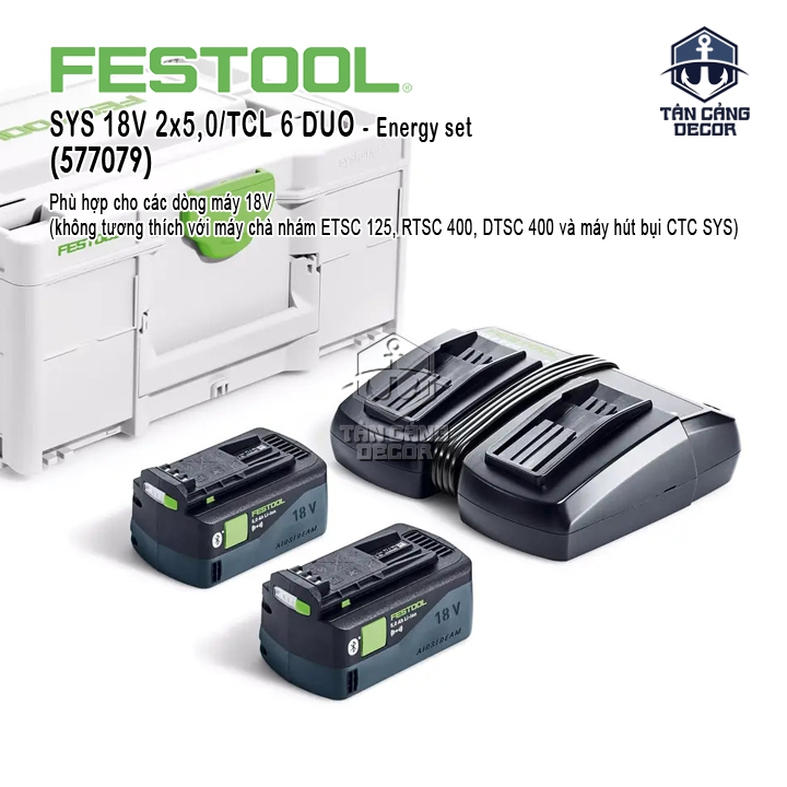 Combo Pin 18V Festool 2x Pin 5.0 Ah và Sạc Đôi SYS 18V 2x5.0/TCL 6 DUO (577079)