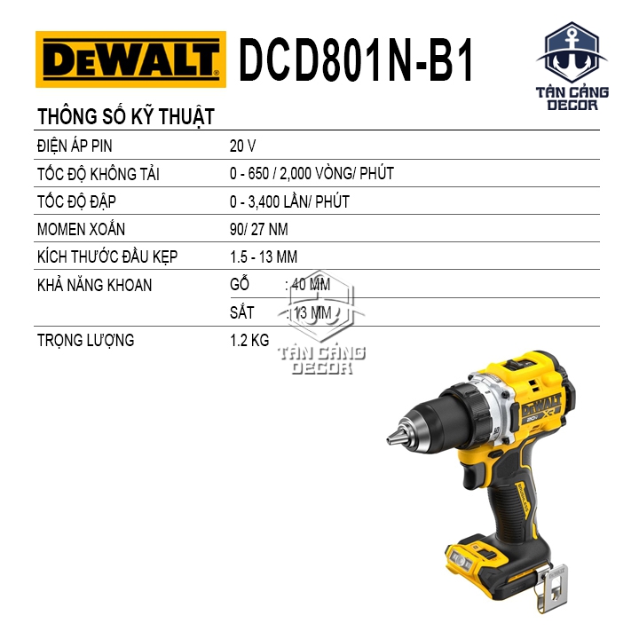 Máy Khoan Động Lực Dùng Pin DeWalt 20V DCD801 ( Thân Máy ) ( Trang Bị Chống KickBack ) - Ảnh 2