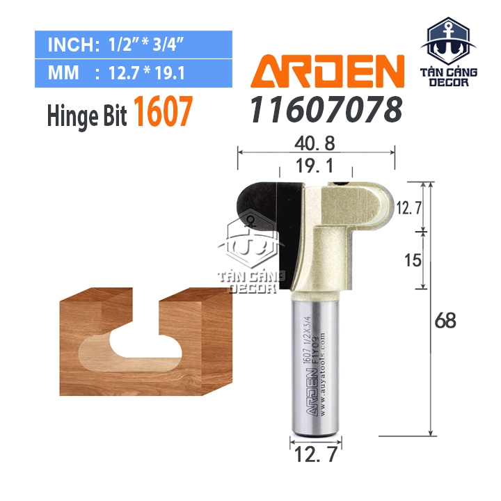 Mũi Router Arden Đánh Tay Nắm J 40.8 x 12.7 mm Cốt 12.7 mm Arden 1607