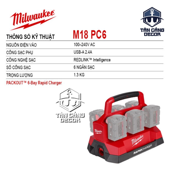 Trạm Sạc Nhanh 6 Cổng Milwaukee M18 PC6 - Ảnh 3