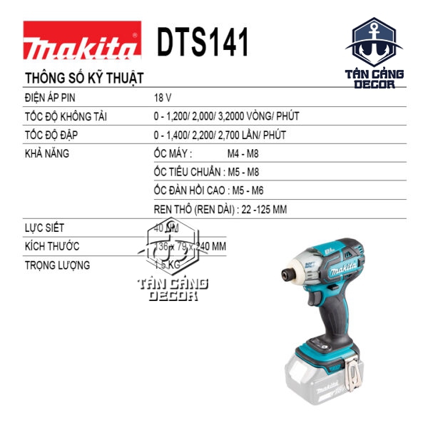 Alternative view of Combo Máy Vặn Vít Búa Dầu Dùng Pin Makita 18V DTS141RME (Thân Máy, 2 Pin 4Ah, Sạc Nhanh, Thùng Nhựa )