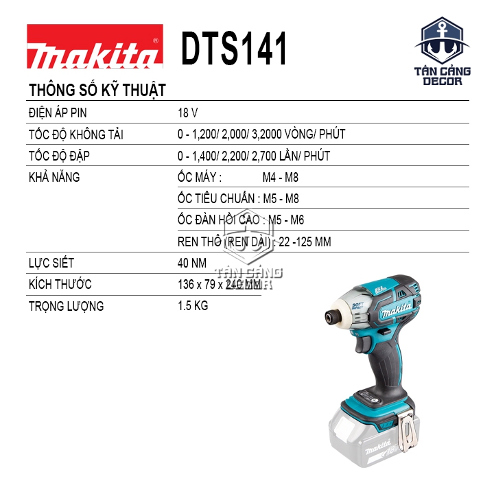 Combo Máy Vặn Vít Búa Dầu Dùng Pin Makita 18V DTS141RME (Thân Máy, 2 Pin 4Ah, Sạc Nhanh, Thùng Nhựa ) - Ảnh 2