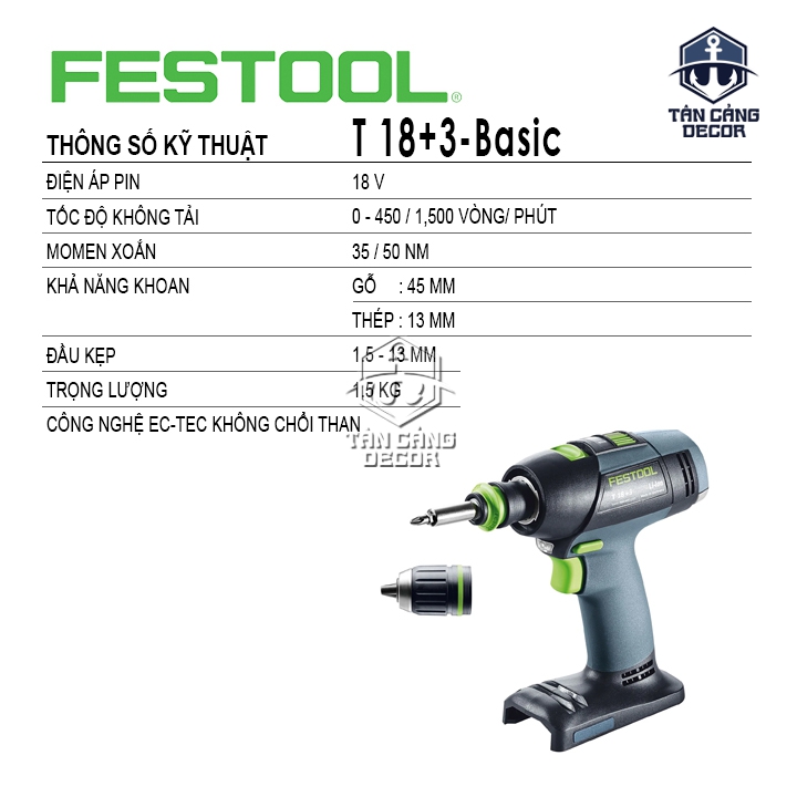 Máy Khoan Dùng Pin Festool T 18+3 Basic (576448) (Thân Máy) - Ảnh 2